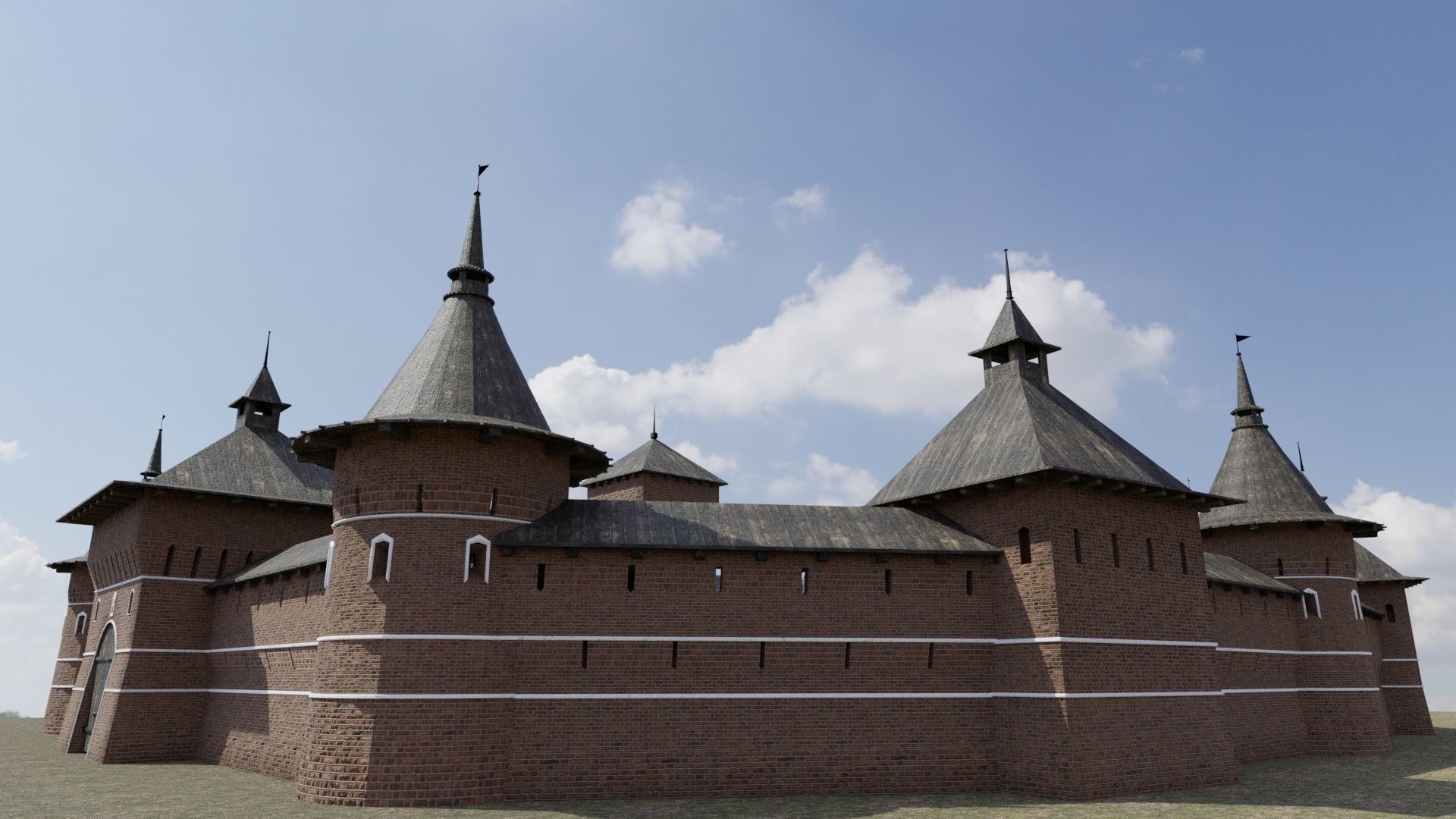 Fortress brick castle in middle of field Low-poly 3D model_12