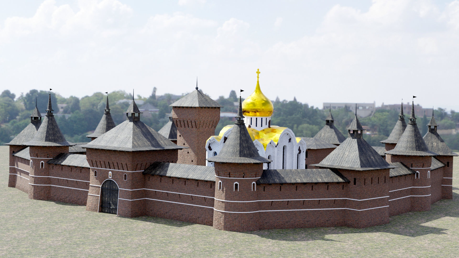 Fortress brick castle in middle of field Low-poly 3D model_5