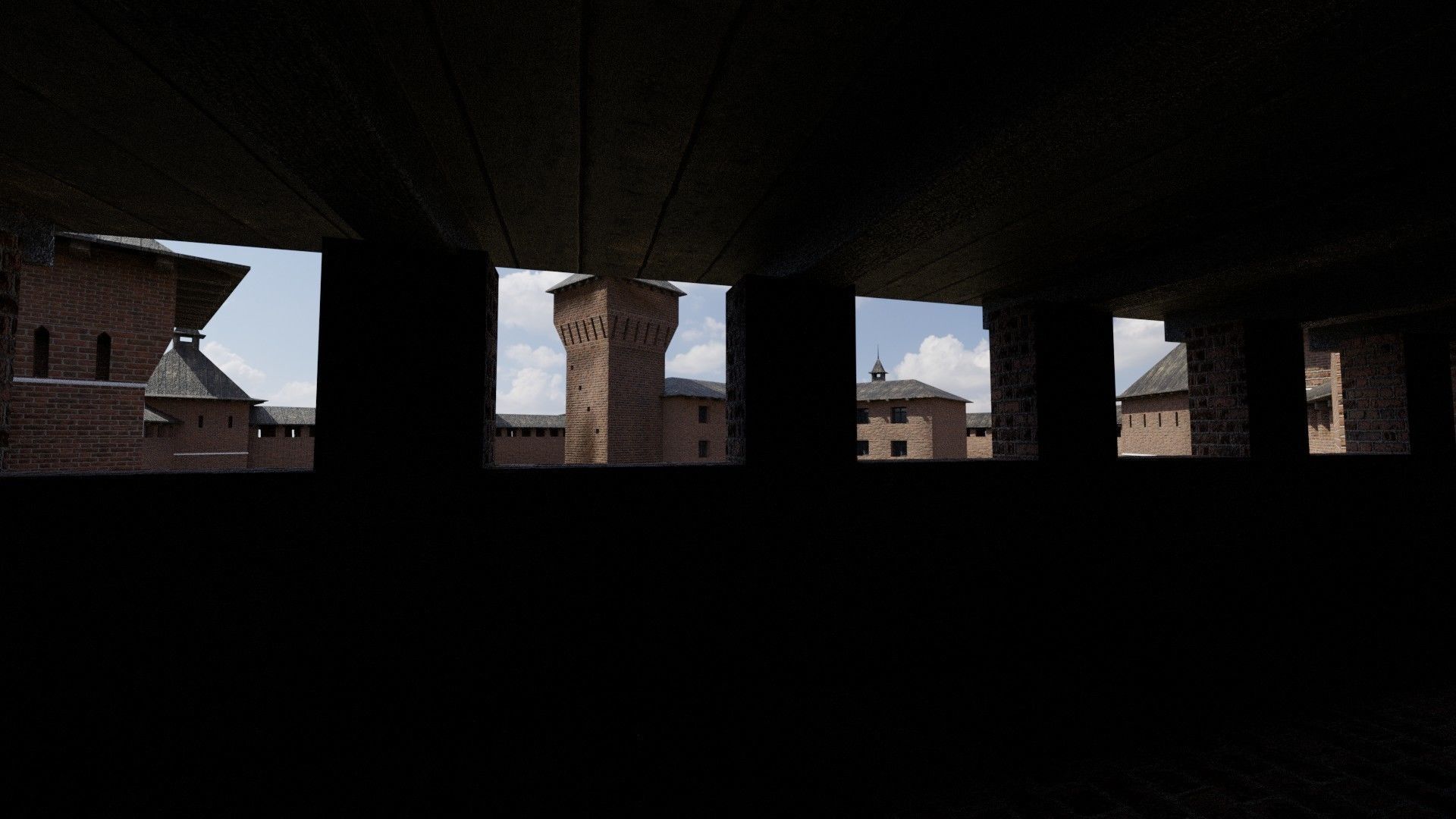 Fortress brick castle in middle of field Low-poly 3D model_4