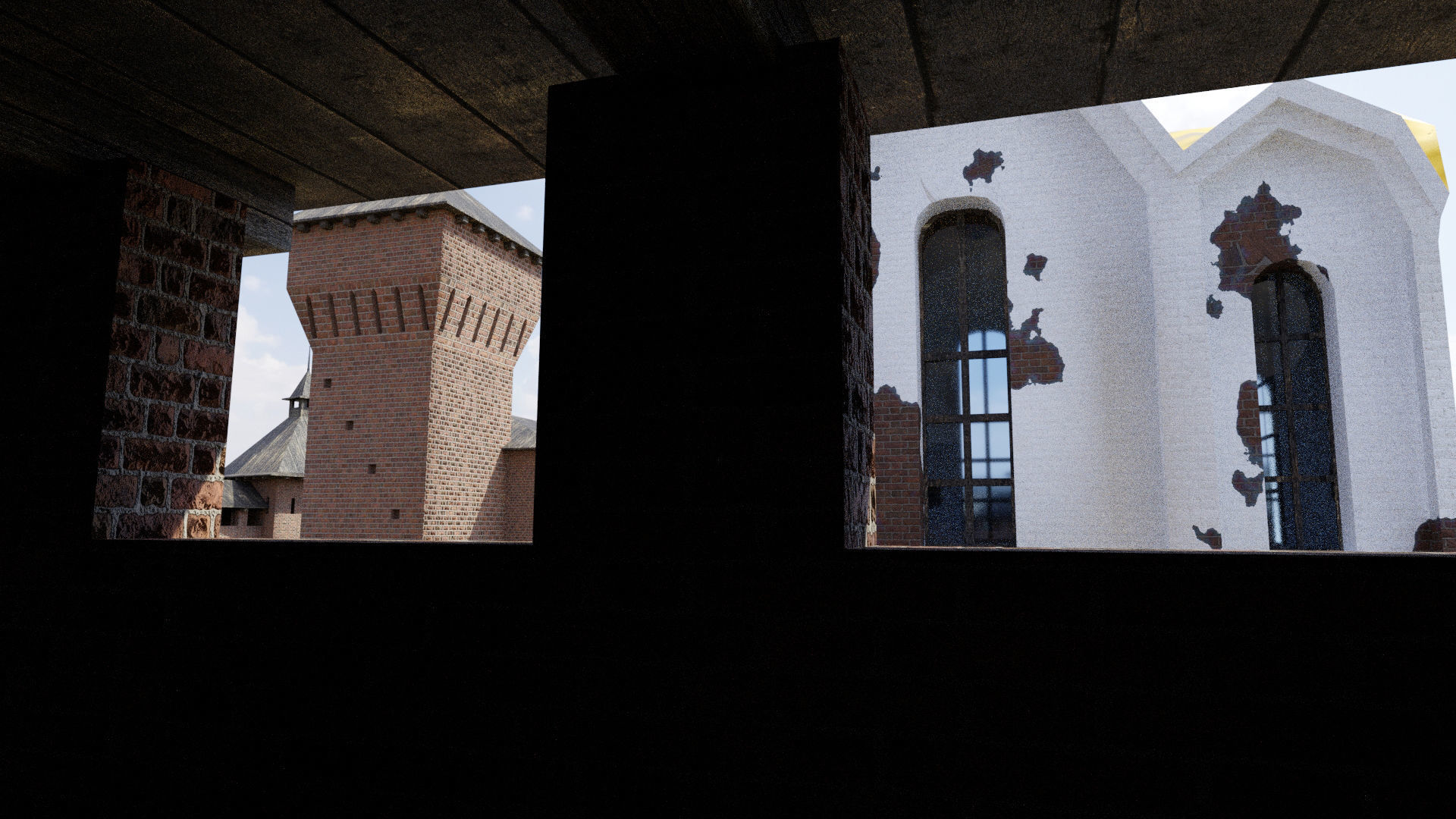 Fortress brick castle in middle of field Low-poly 3D model_10