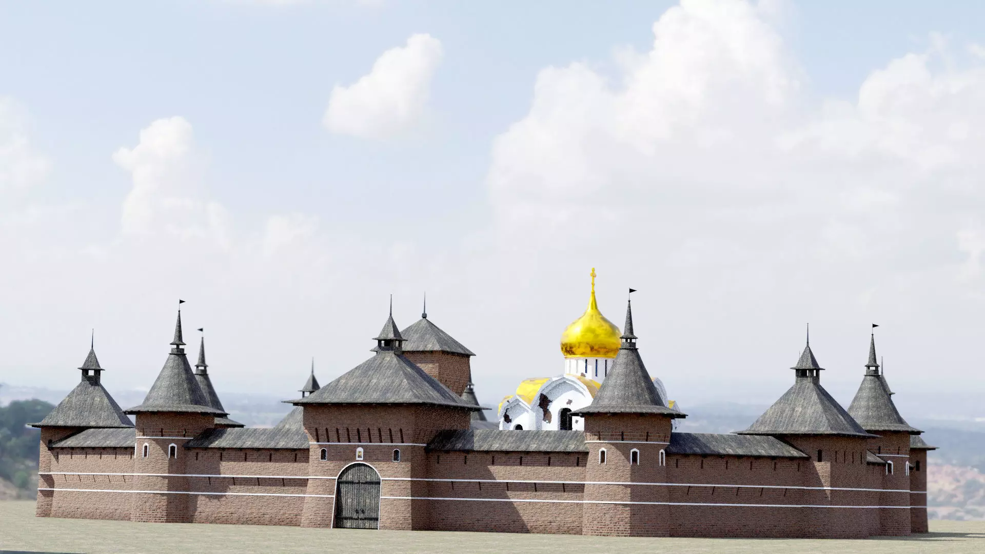 Fortress brick castle in middle of field Low-poly 3D model_0