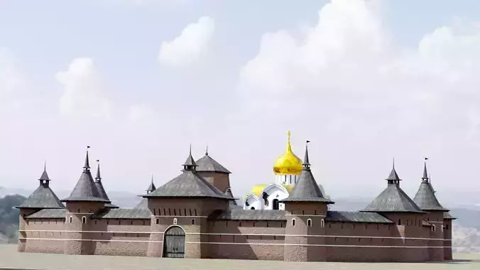 Fortress brick castle in middle of field