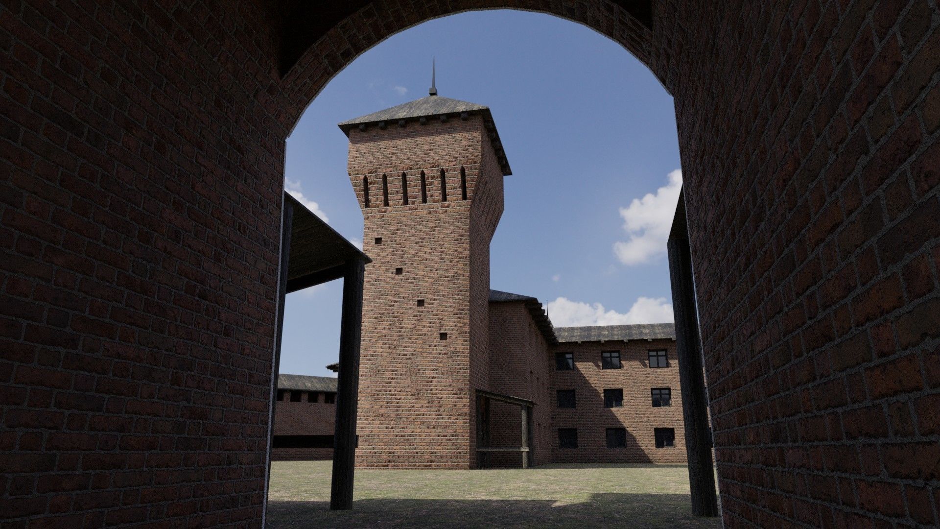 Fortress brick castle in middle of field Low-poly 3D model_3