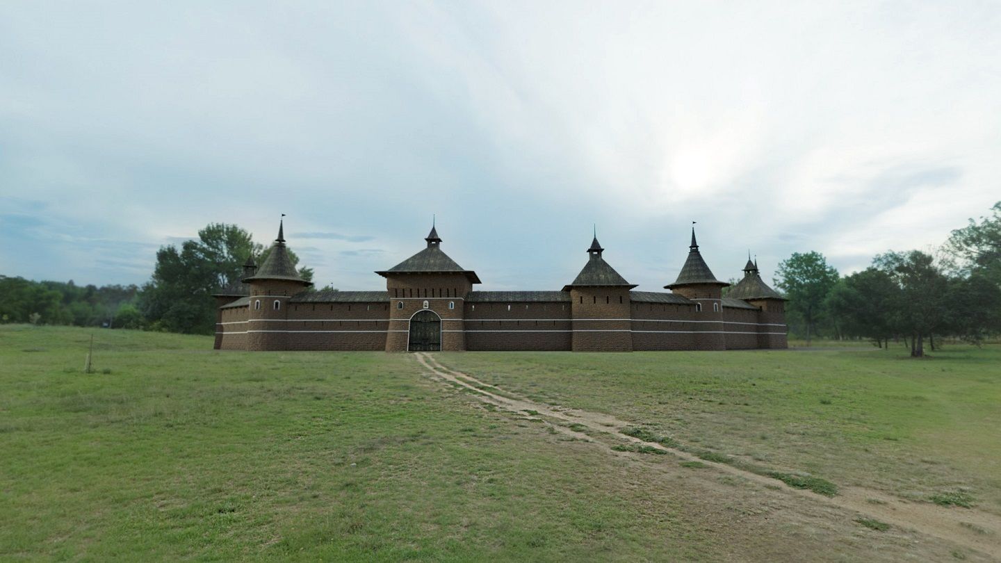 Fortress brick castle in middle of field Low-poly 3D model_7