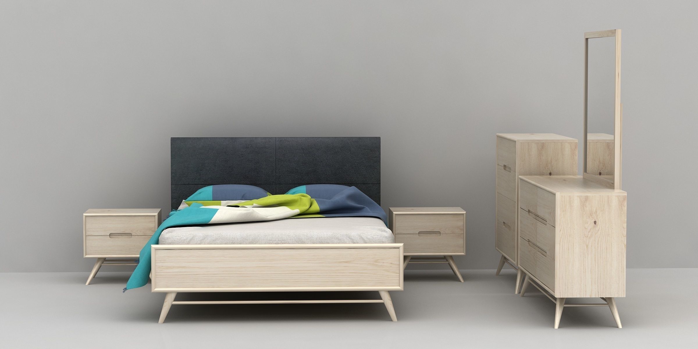 Bedroom 3D model wooden nightstand with two drawers 3D model_1