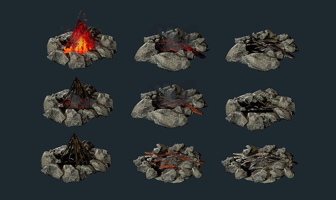 Camp Fire Pit Pack 01 Game Ready Low-poly 3D model