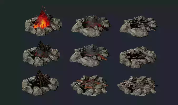 Camp Fire Pit Pack 01 Game Ready Low-poly 3D model