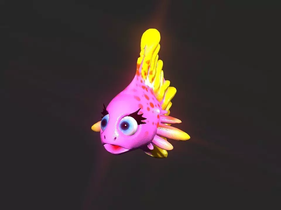 Cartoon gold fin fish lady Low-poly 3D model_0