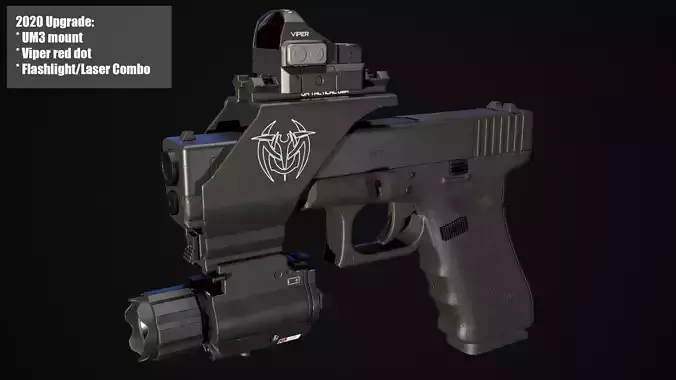 Glock 17 with mount red dot and flashlight and laser combo Low-poly 3D model