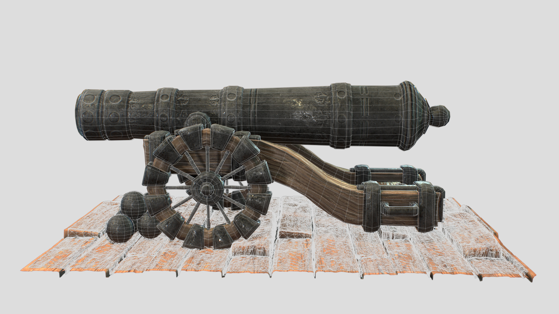 Naval Cannon Pack Lowpoly Game-Ready Cannon with Cannonballs Low-poly 3D model_4