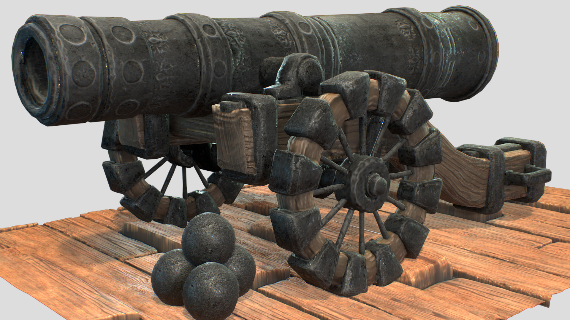 Naval Cannon Pack Lowpoly Game-Ready Cannon with Cannonballs Low-poly 3D model_5
