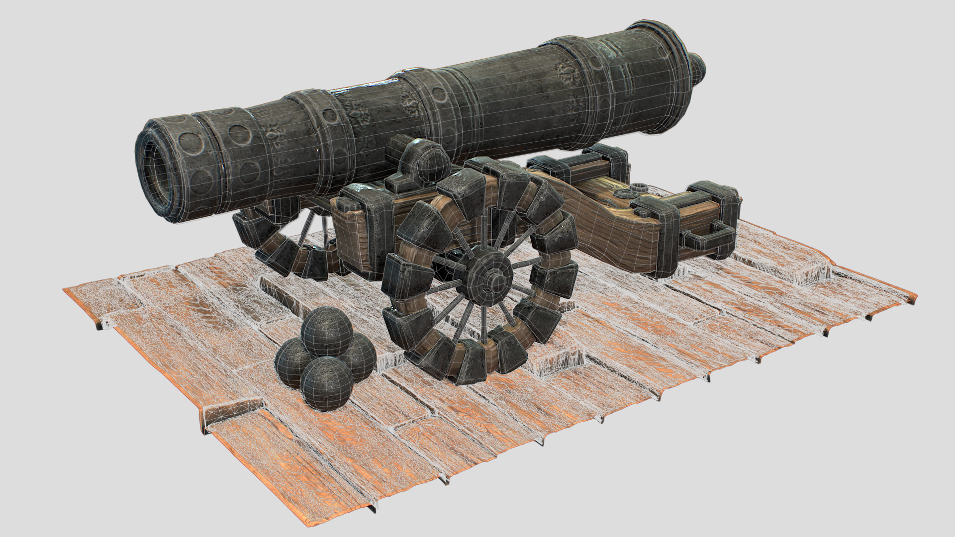 Naval Cannon Pack Lowpoly Game-Ready Cannon with Cannonballs Low-poly 3D model_6