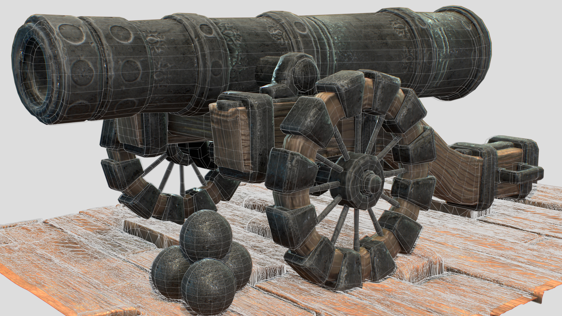 Naval Cannon Pack Lowpoly Game-Ready Cannon with Cannonballs Low-poly 3D model_8