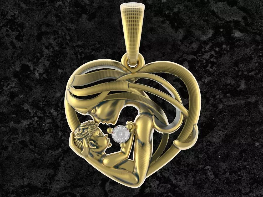 Mother-pendant gold heart pendant with diamond in it 3D print model