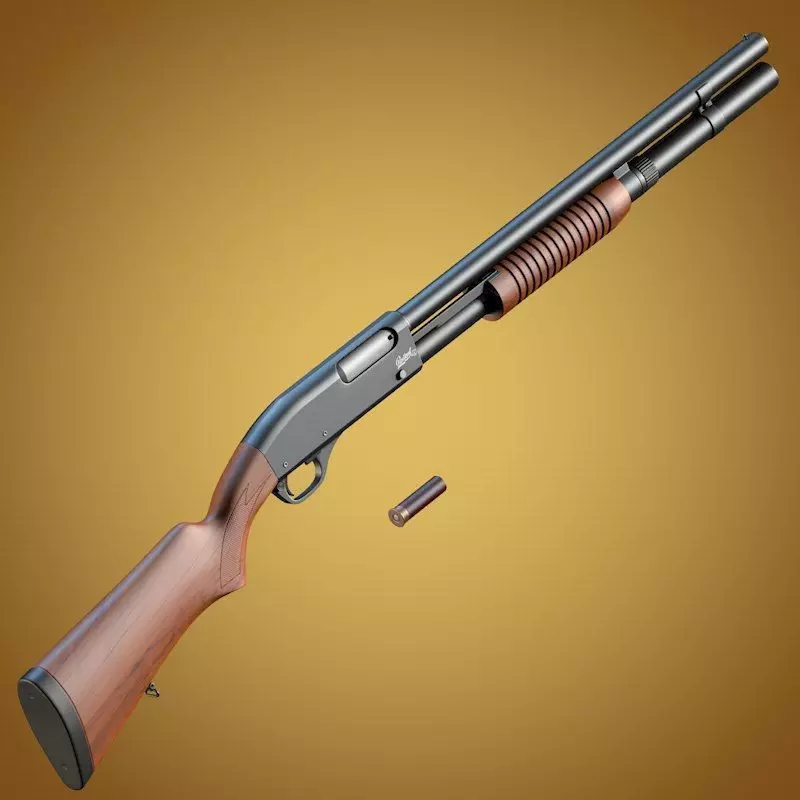 Baikal MP-133 shotgun with wooden stock and extended magazine 3D model