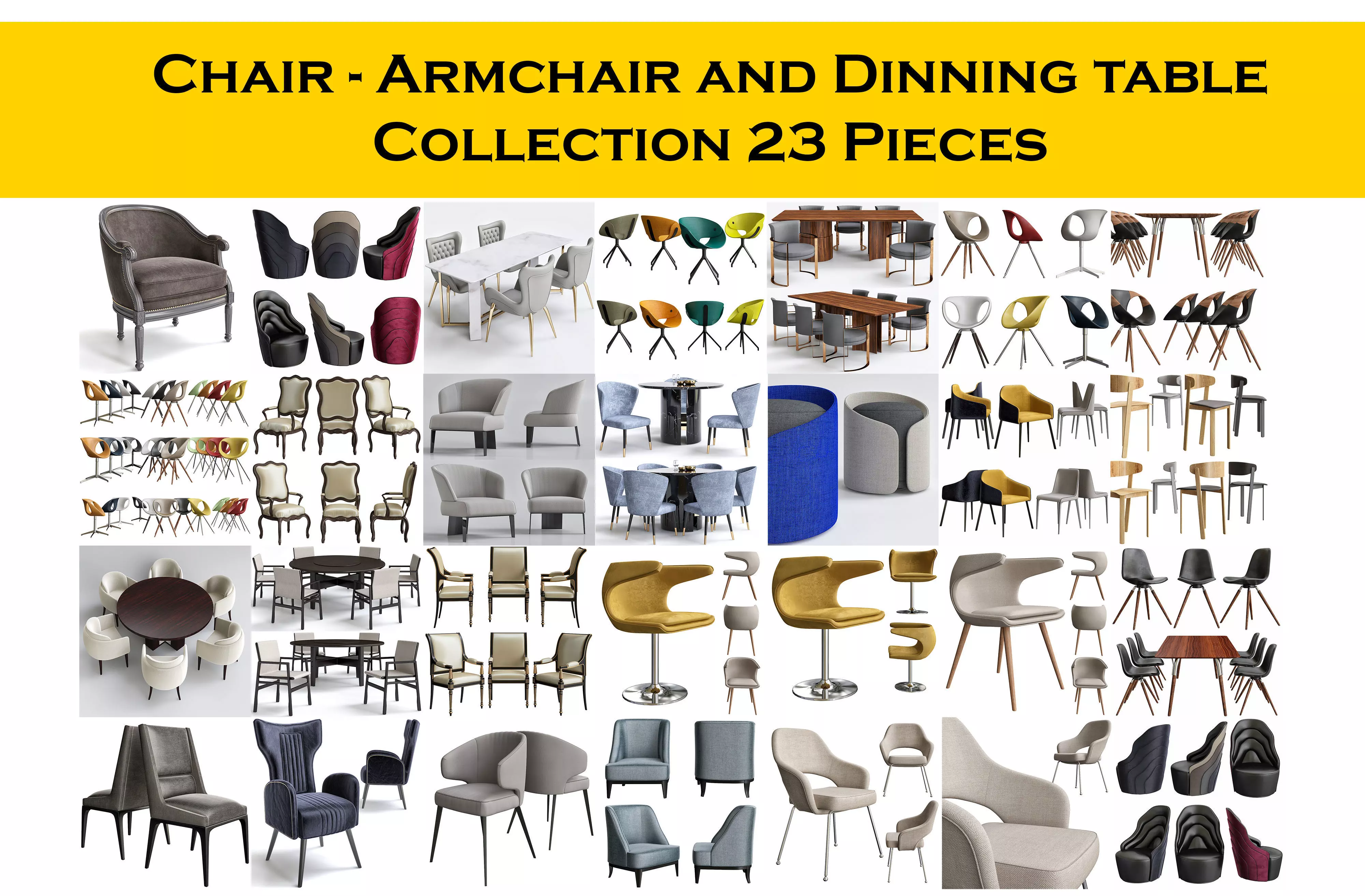 Chair - Armchair and Dinning table Collection 23 Pieces 3d model 3D model_0