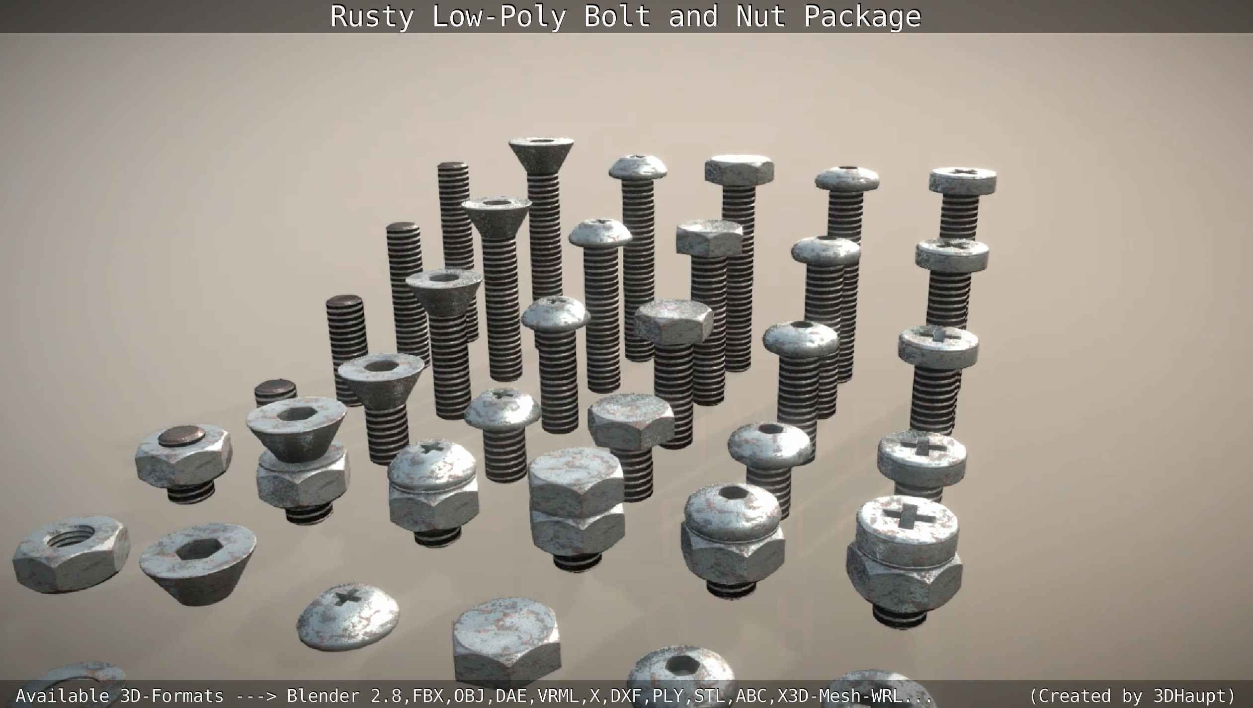 Rusty Low-Poly Bolt and Nut Package Low-poly 3D model_98