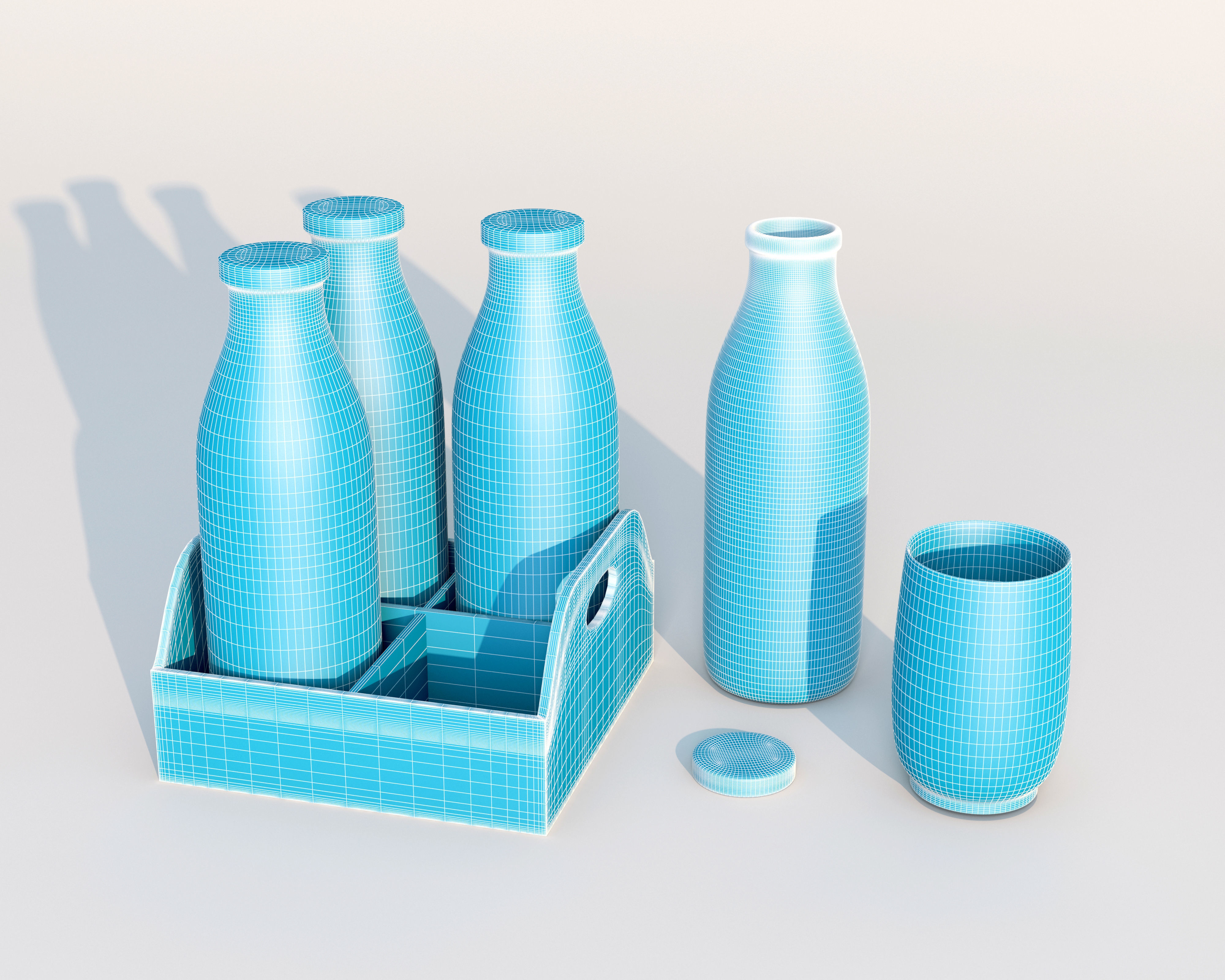 Retro glass milk bottles with wood box and glass 3D model_3