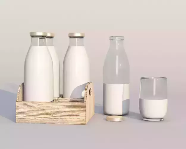Retro glass milk bottles with wood box and glass 3D model