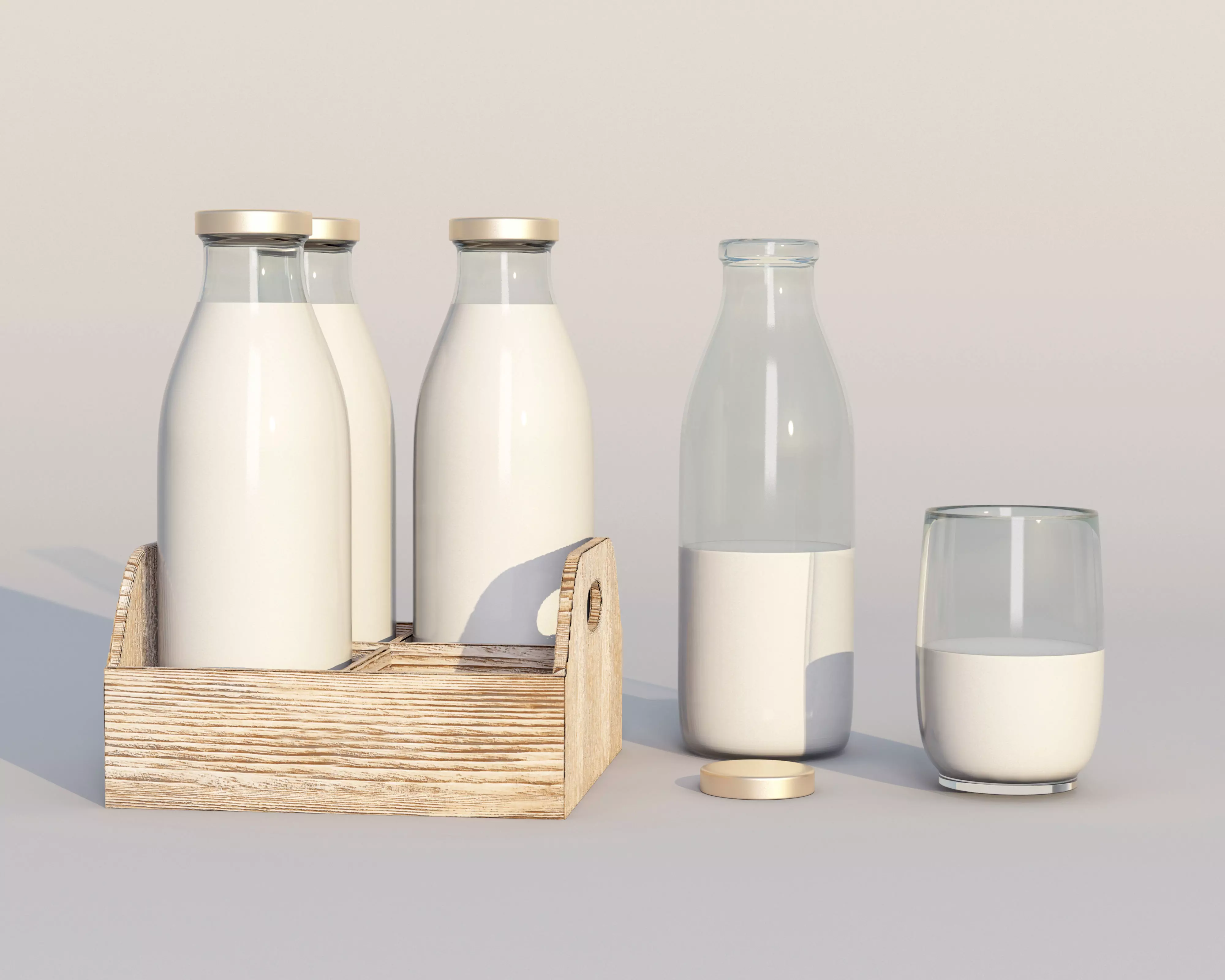 Retro glass milk bottles with wood box and glass 3D model_0