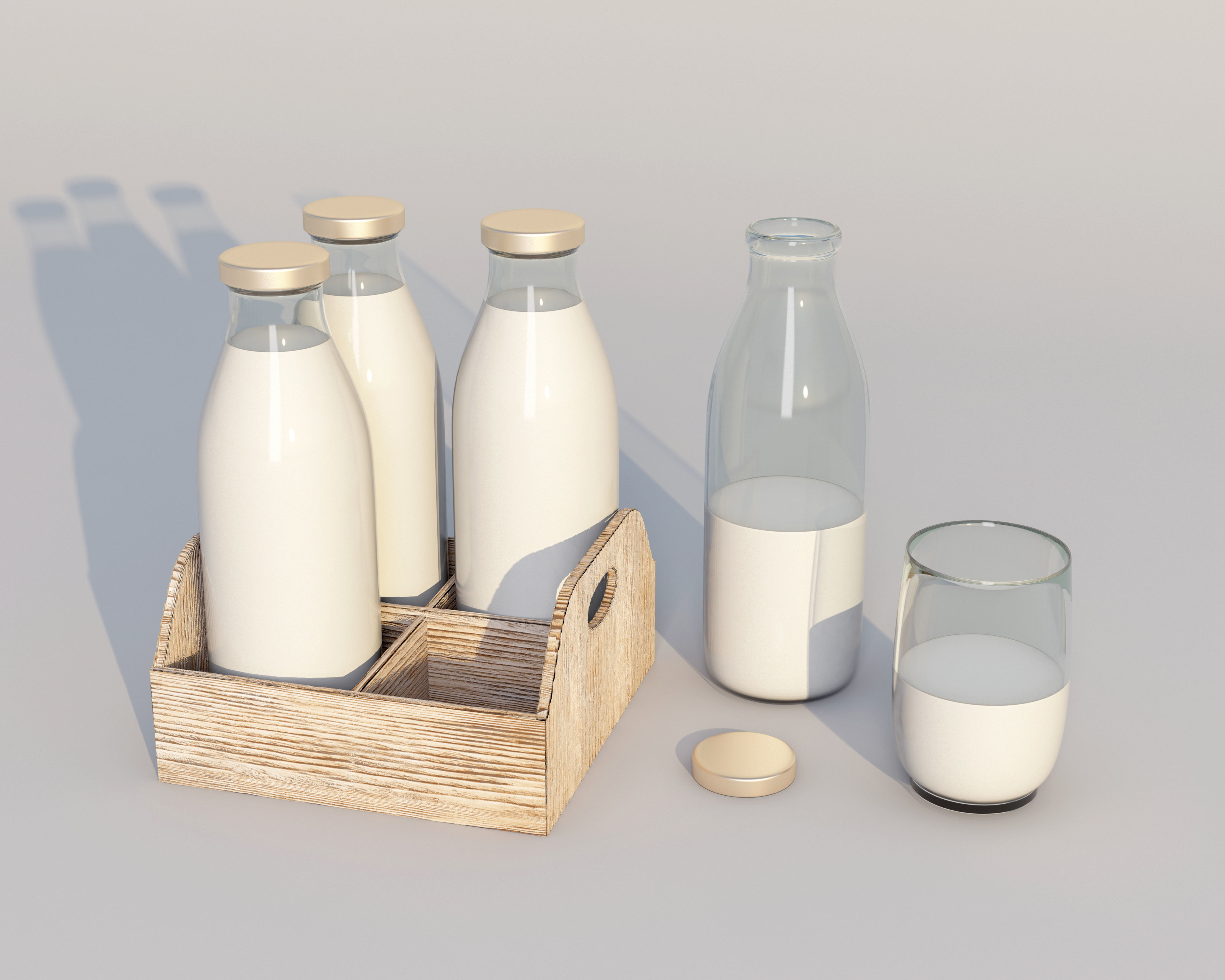 Retro glass milk bottles with wood box and glass 3D model_1