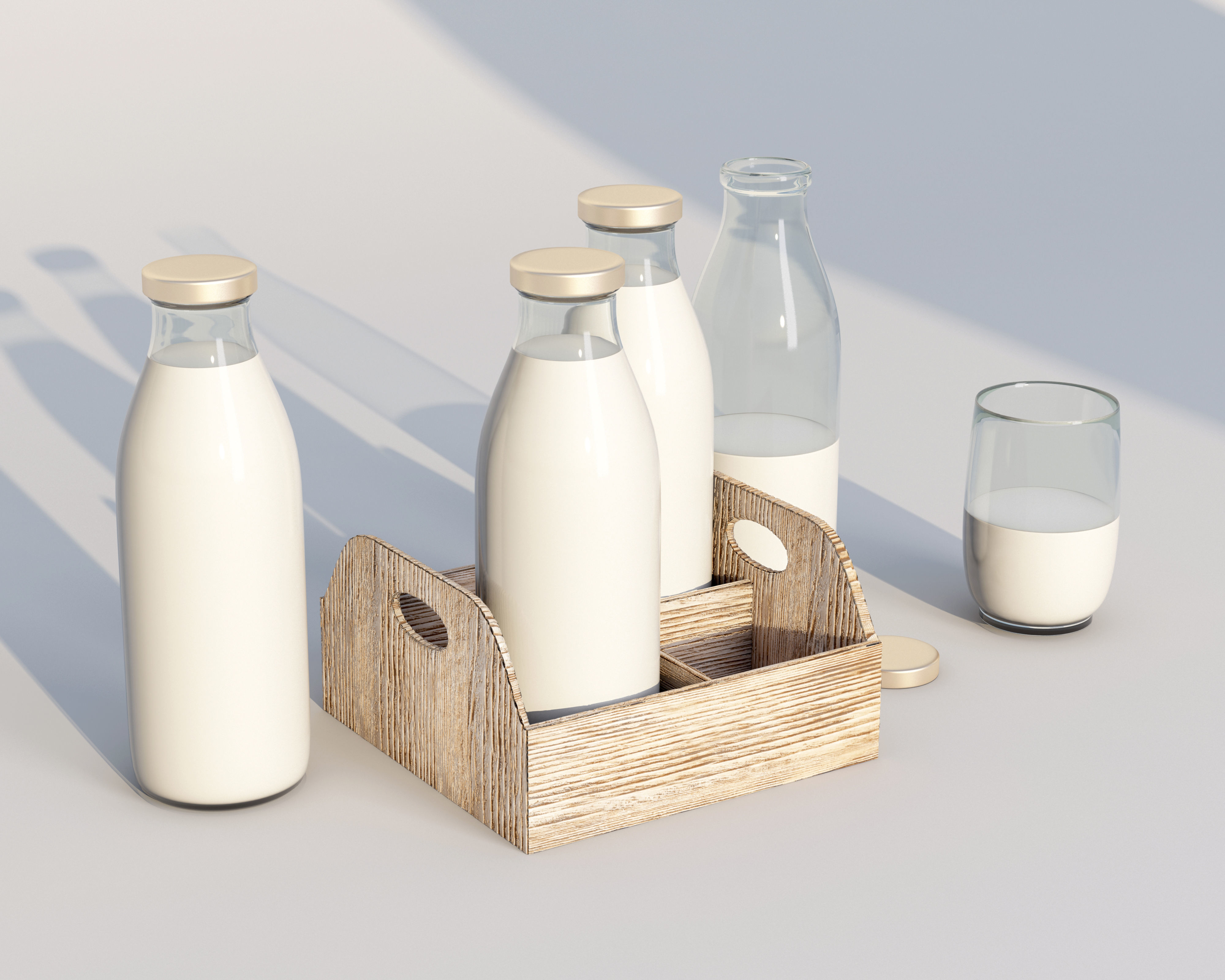 Retro glass milk bottles with wood box and glass 3D model_2