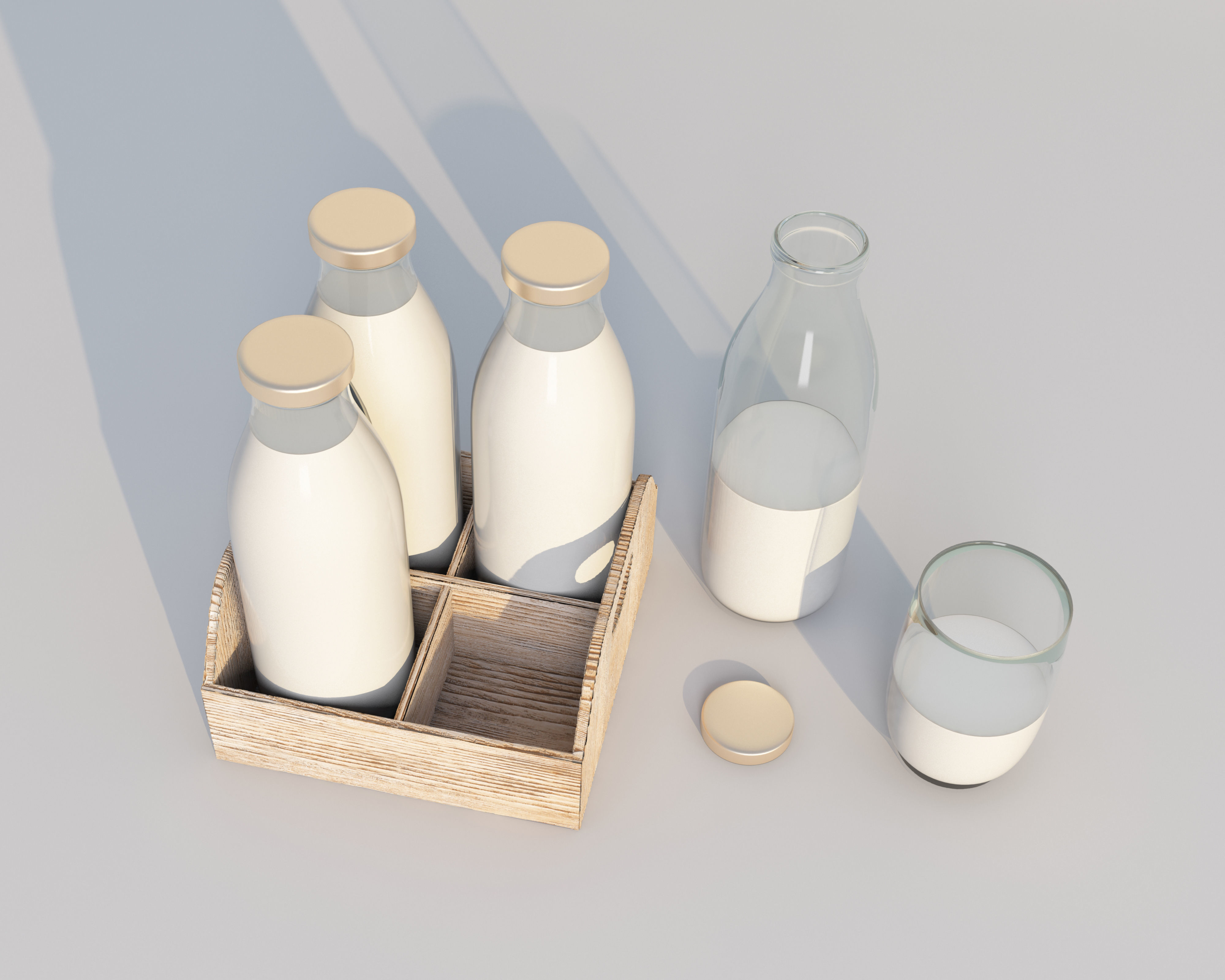 Retro glass milk bottles with wood box and glass 3D model_4