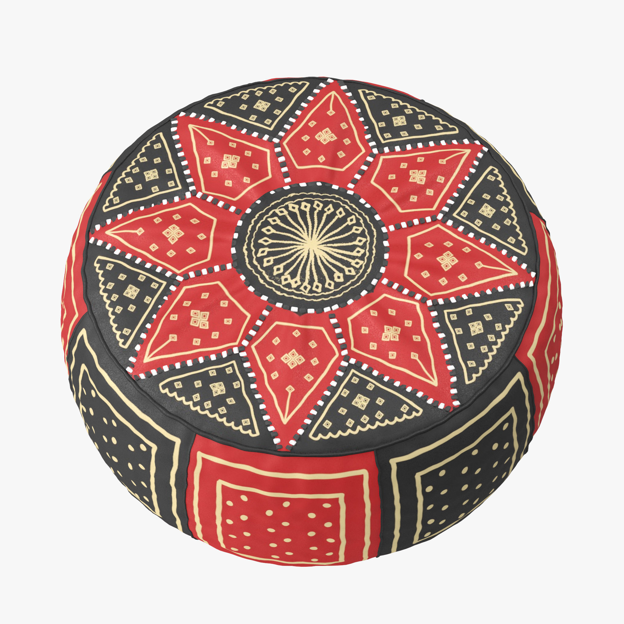 Red Black Moroccan Leather Pouf 3D model_2