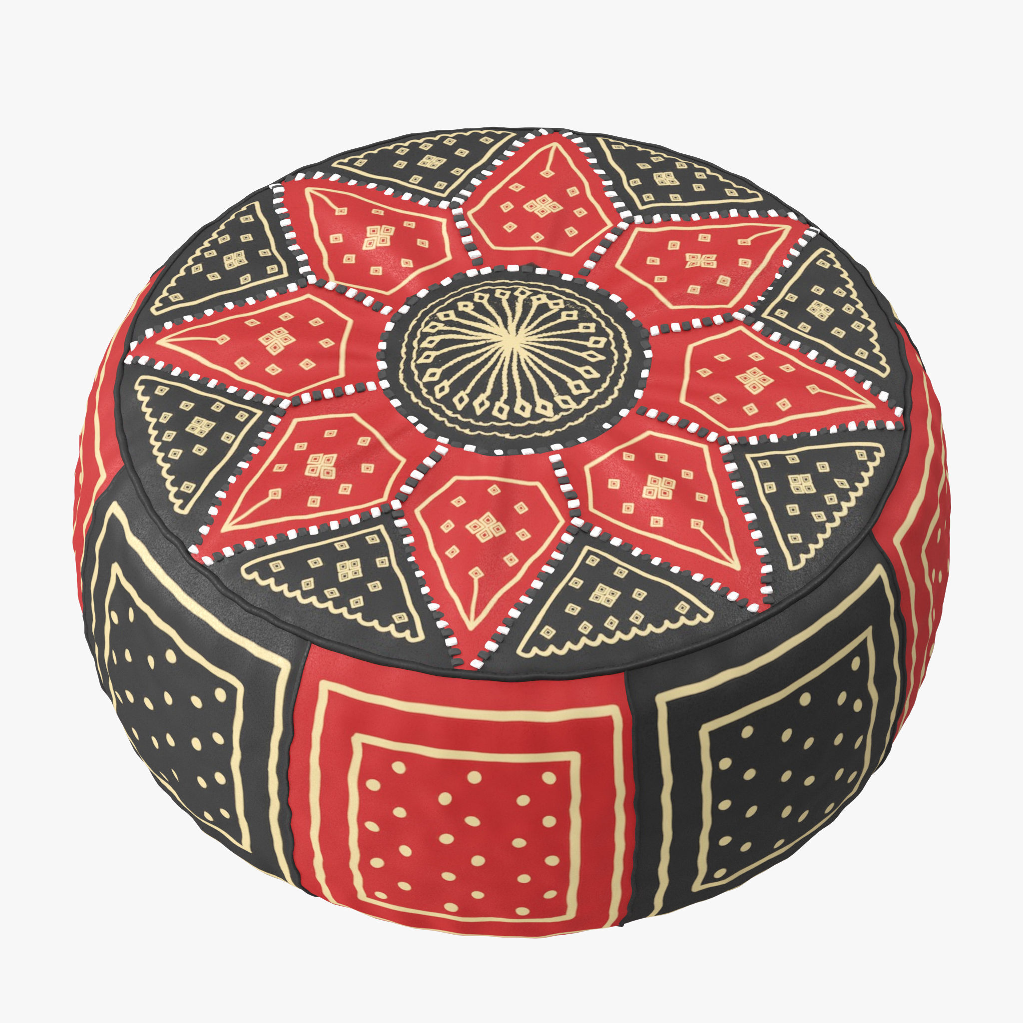 Red Black Moroccan Leather Pouf 3D model_1