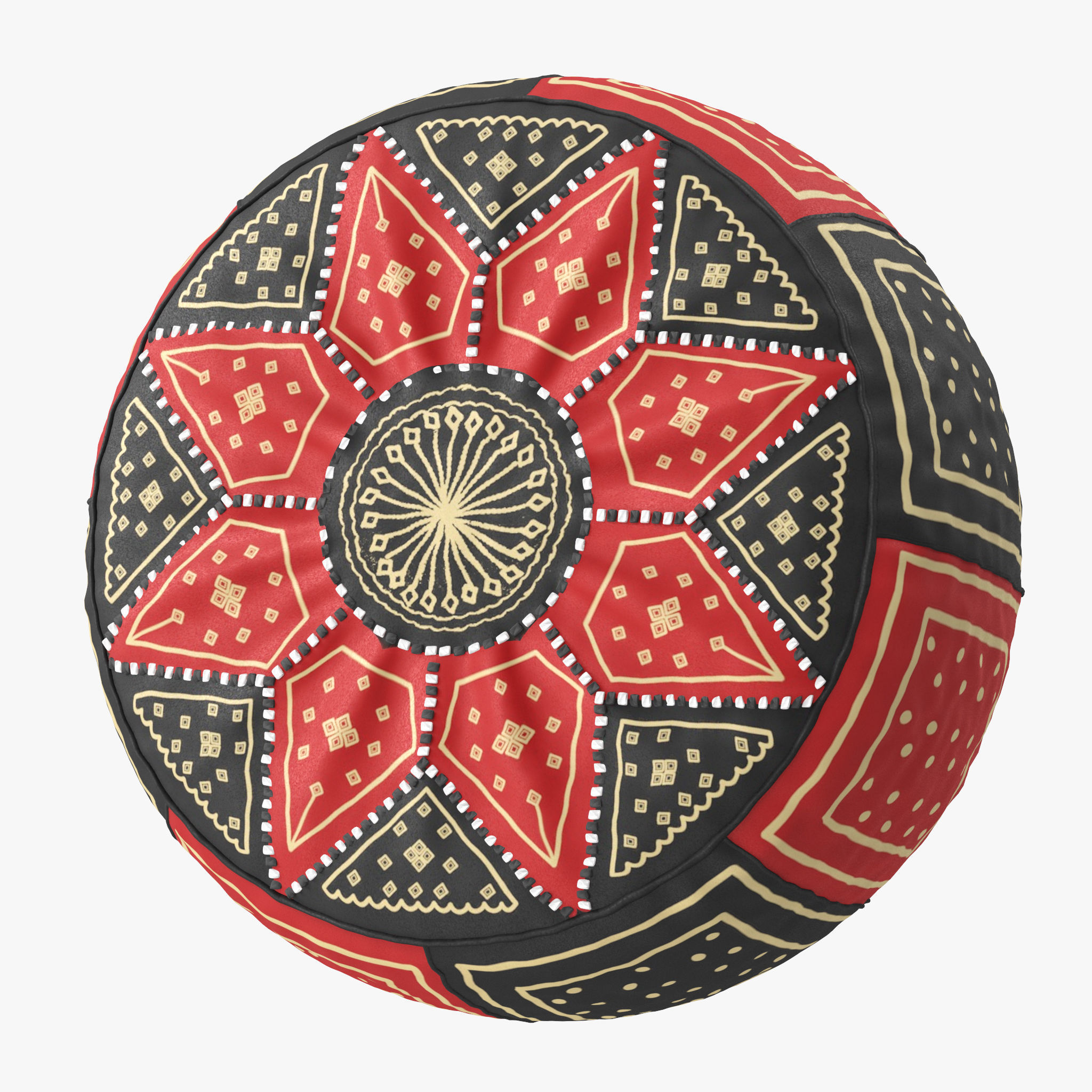 Red Black Moroccan Leather Pouf 3D model_4