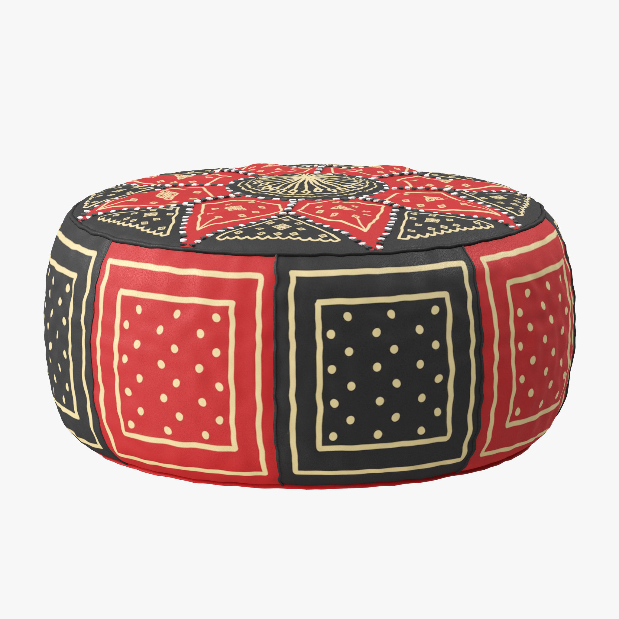 Red Black Moroccan Leather Pouf 3D model_8
