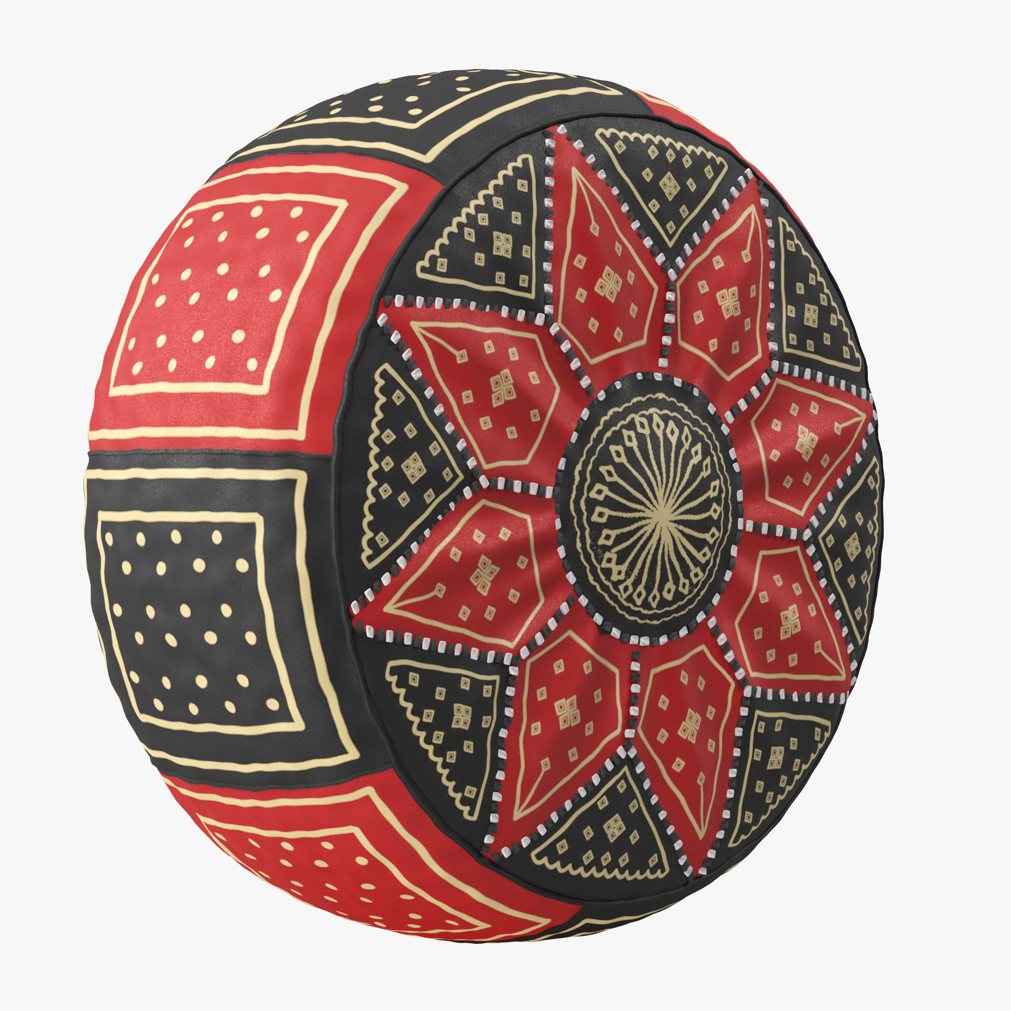 Red Black Moroccan Leather Pouf 3D model_5