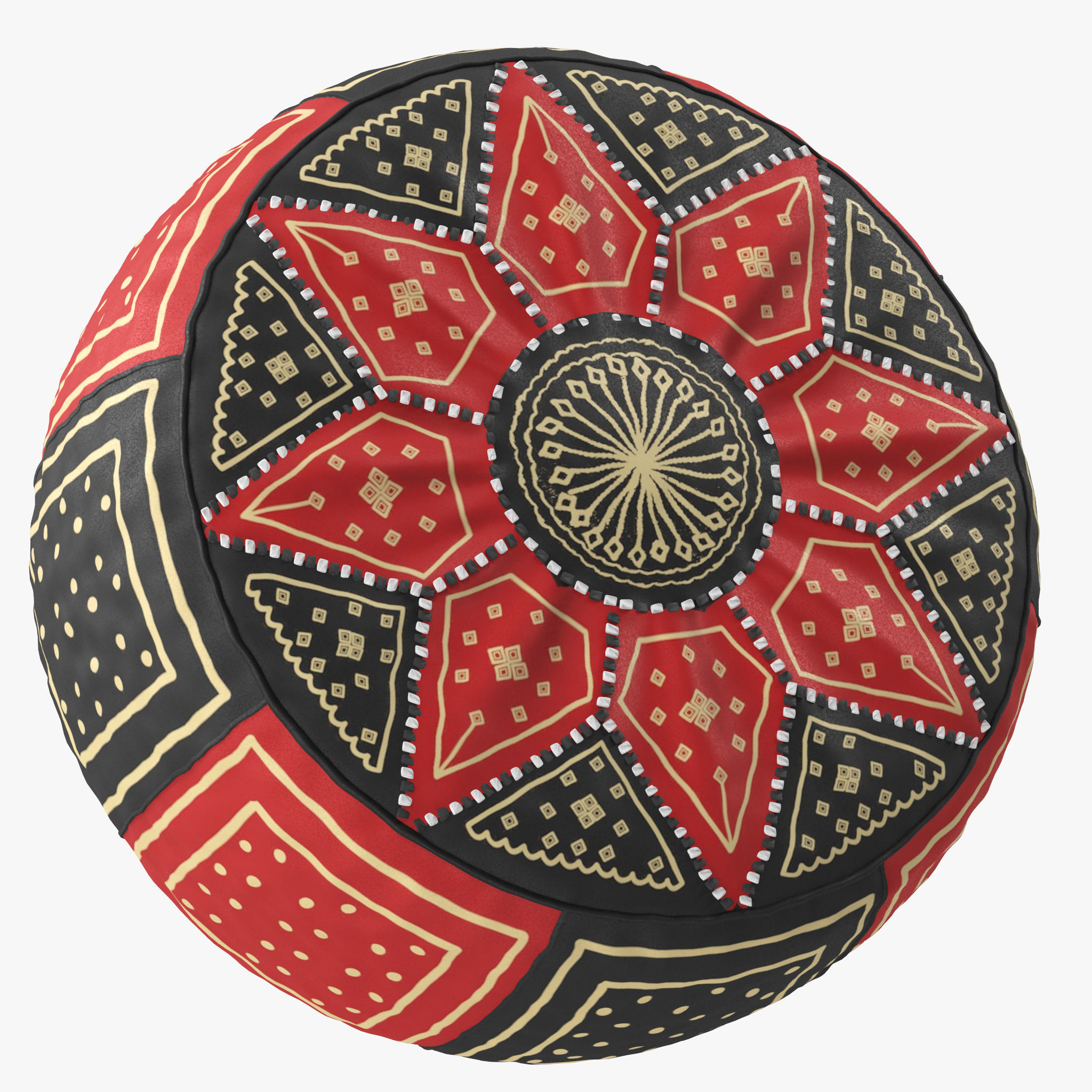 Red Black Moroccan Leather Pouf 3D model_13