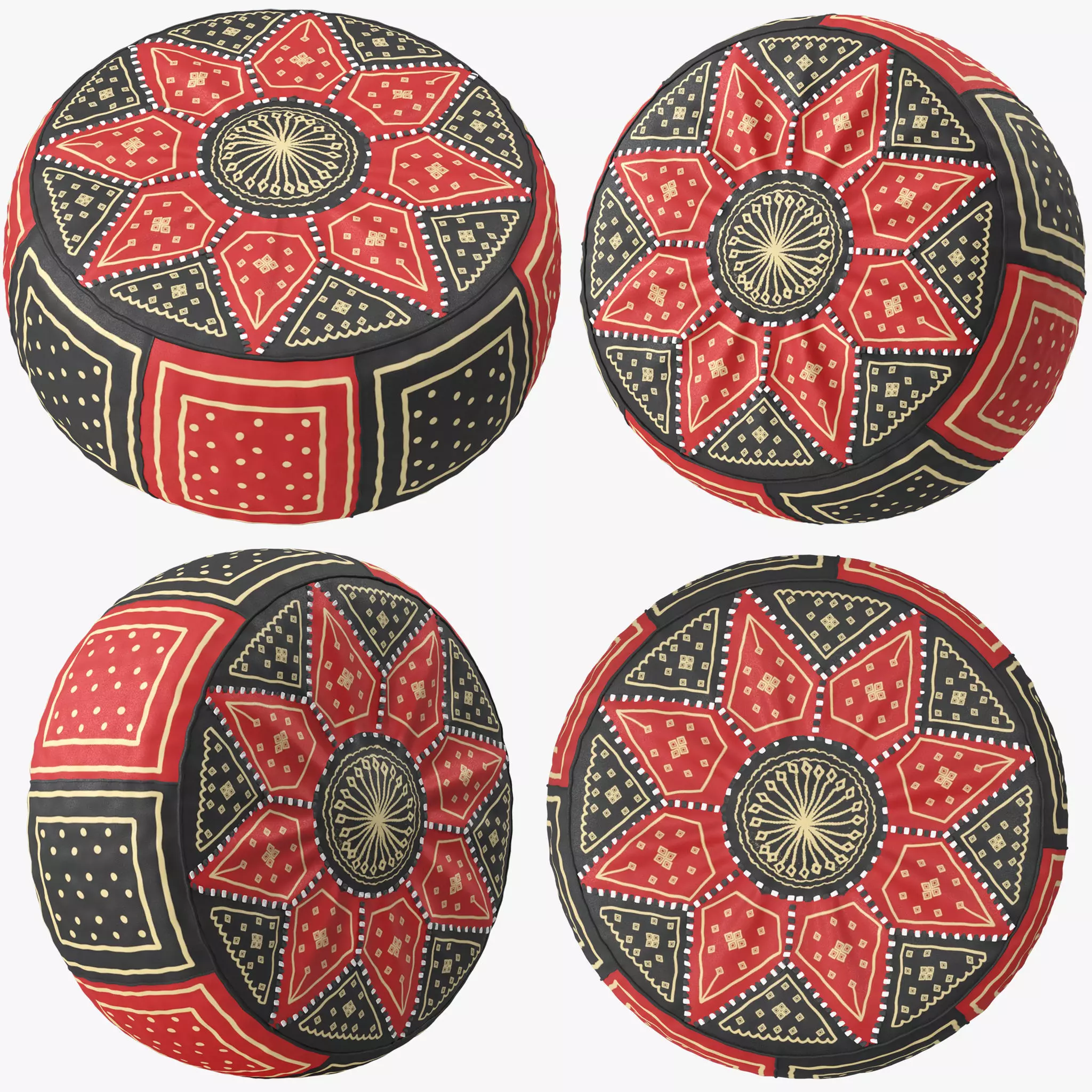 Red Black Moroccan Leather Pouf 3D model_0