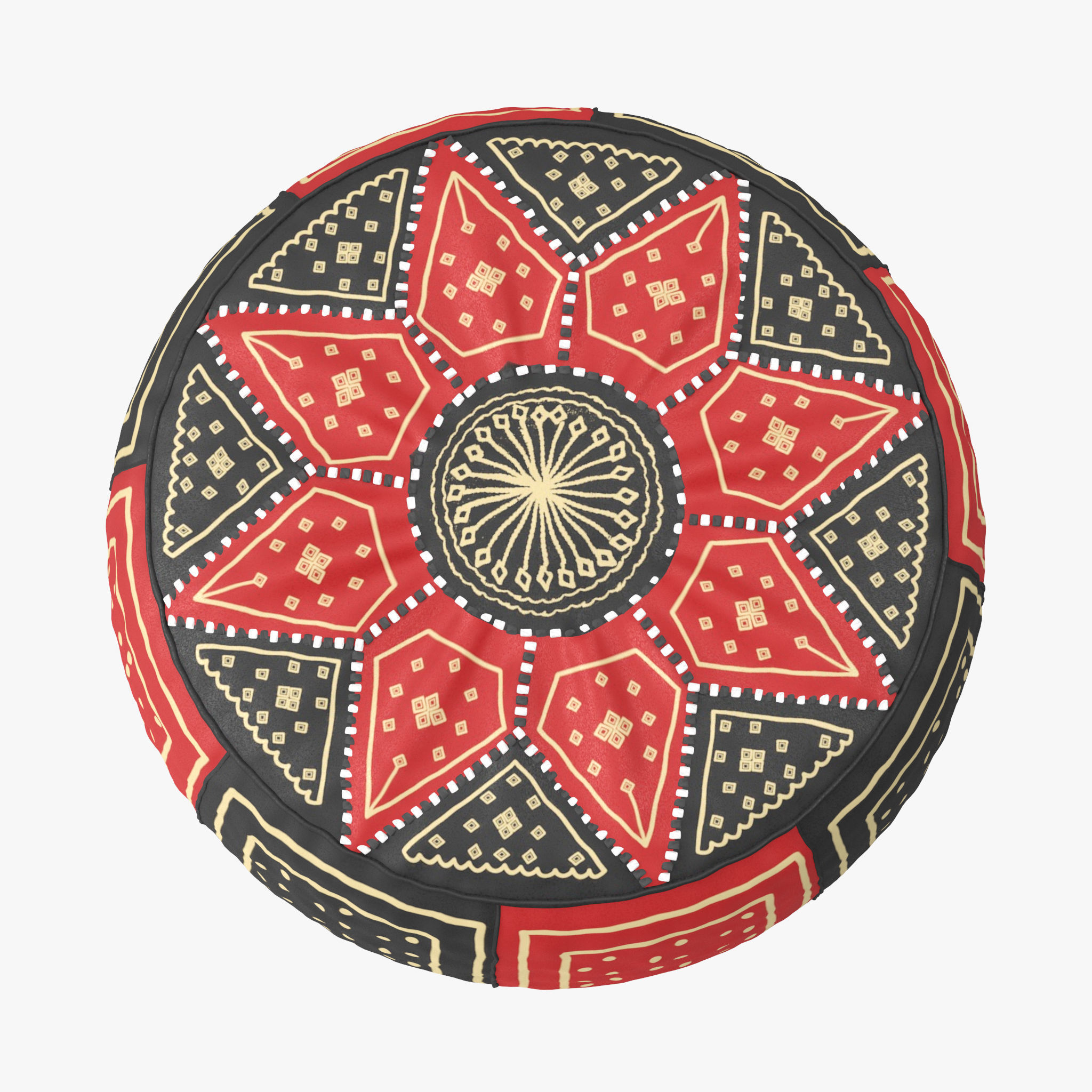 Red Black Moroccan Leather Pouf 3D model_3
