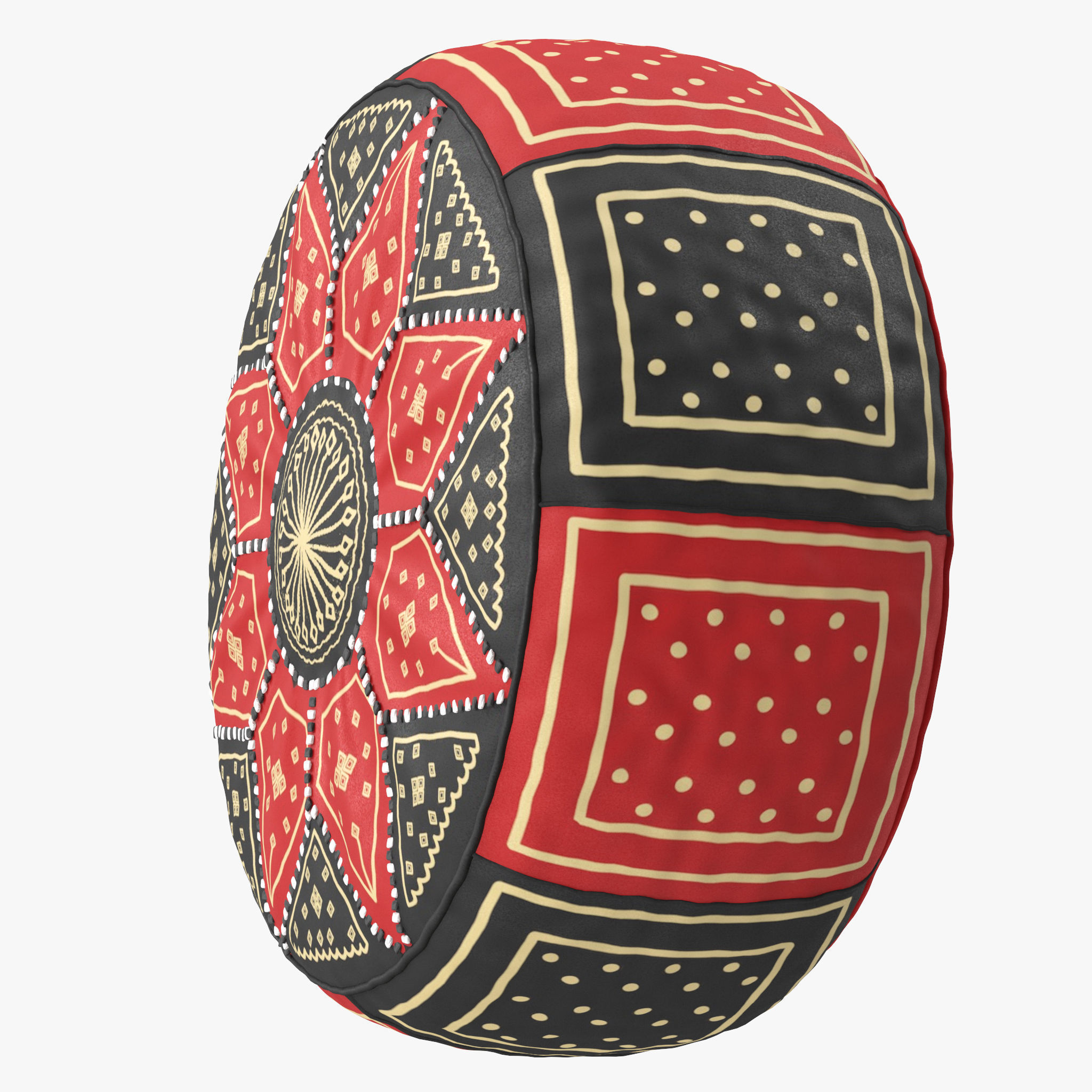 Red Black Moroccan Leather Pouf 3D model_12