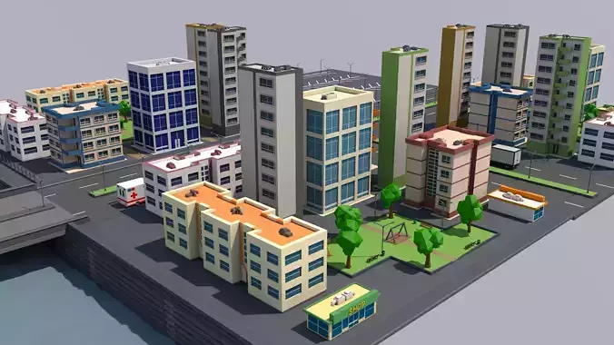 Low Poly City 3D model with buildings and roads Low-poly 3D model