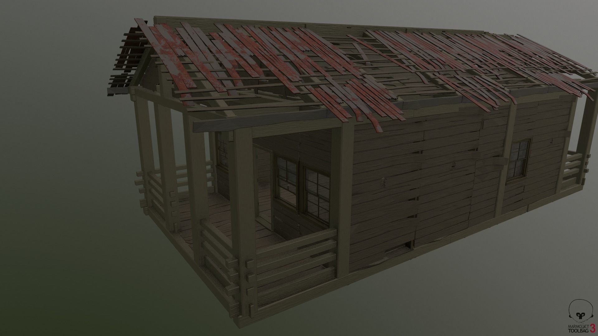 Destroyed Old House Hut - A Low-poly 3D model_5
