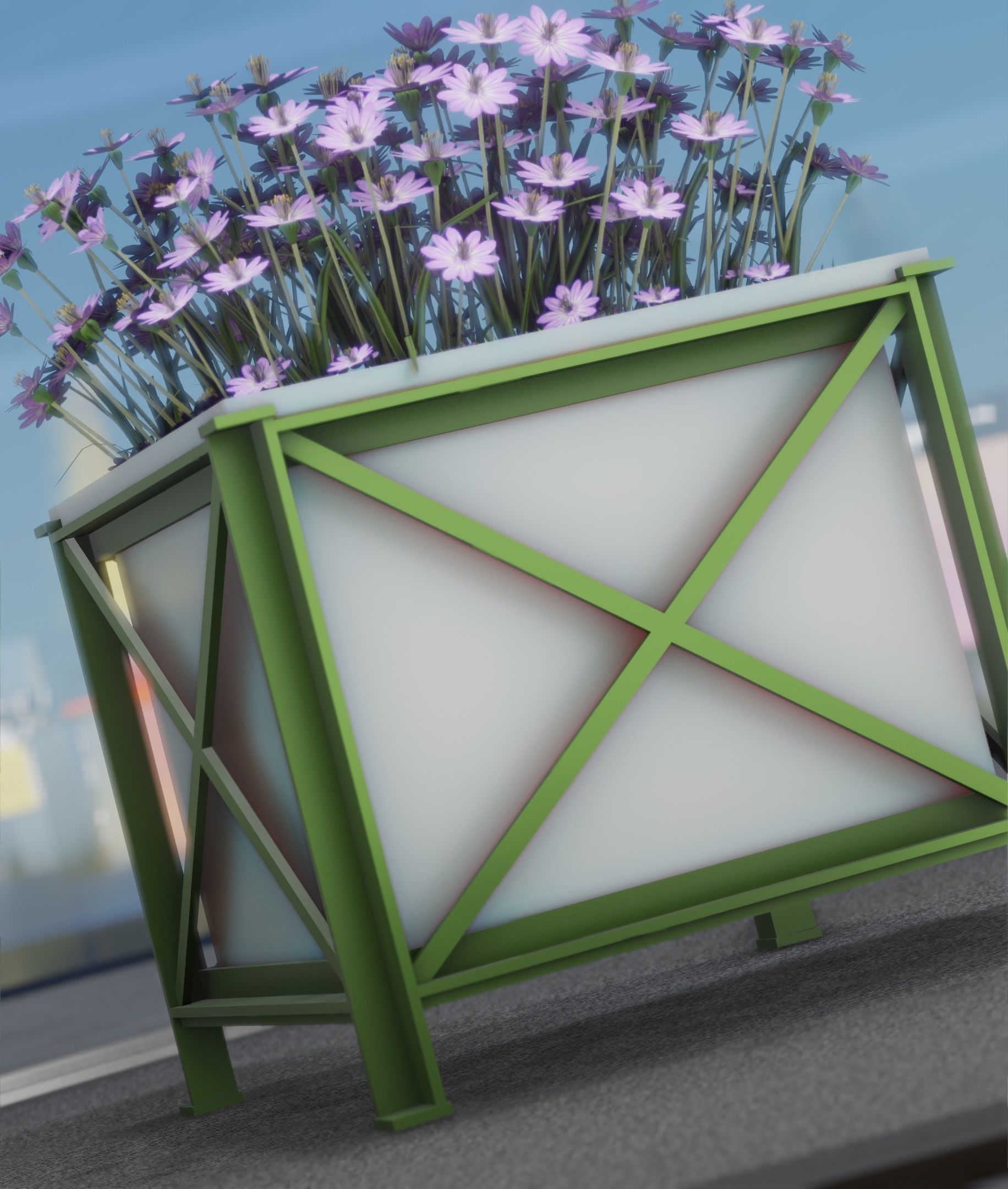 City Flower Pot with Violet Flowers - Object 4 Low-poly 3D model_2