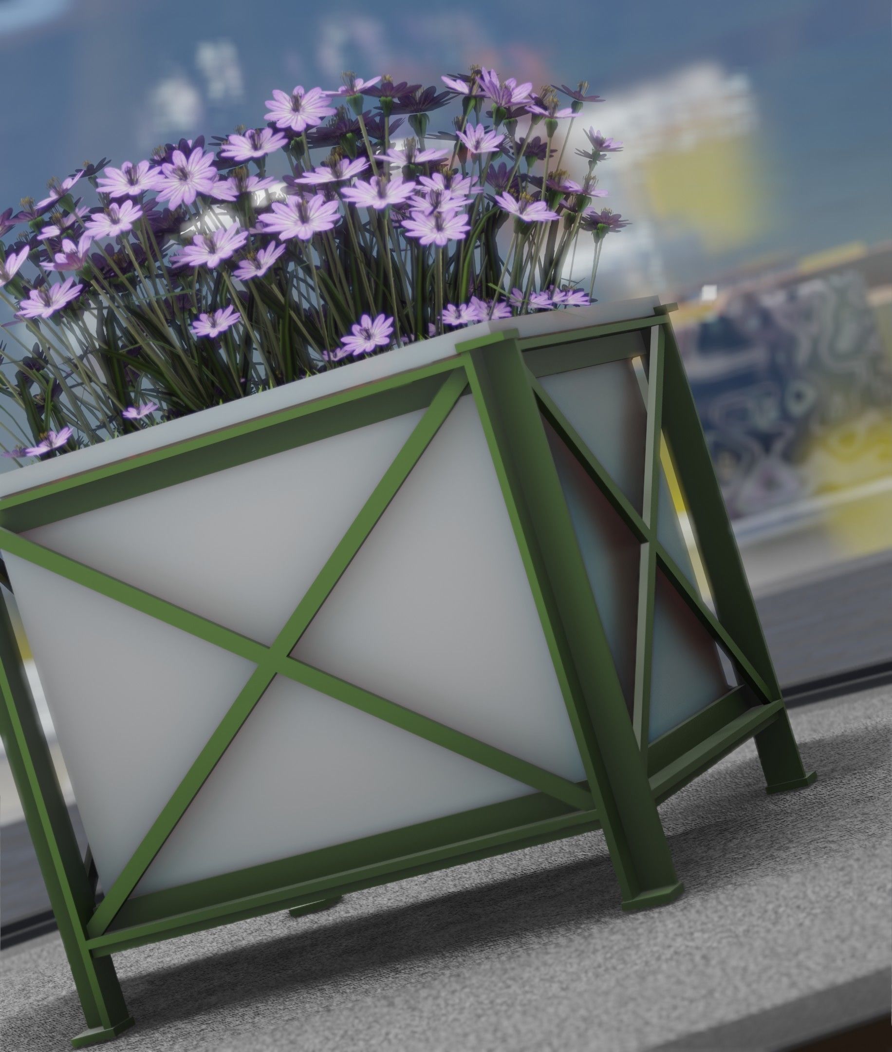 City Flower Pot with Violet Flowers - Object 4 Low-poly 3D model_42
