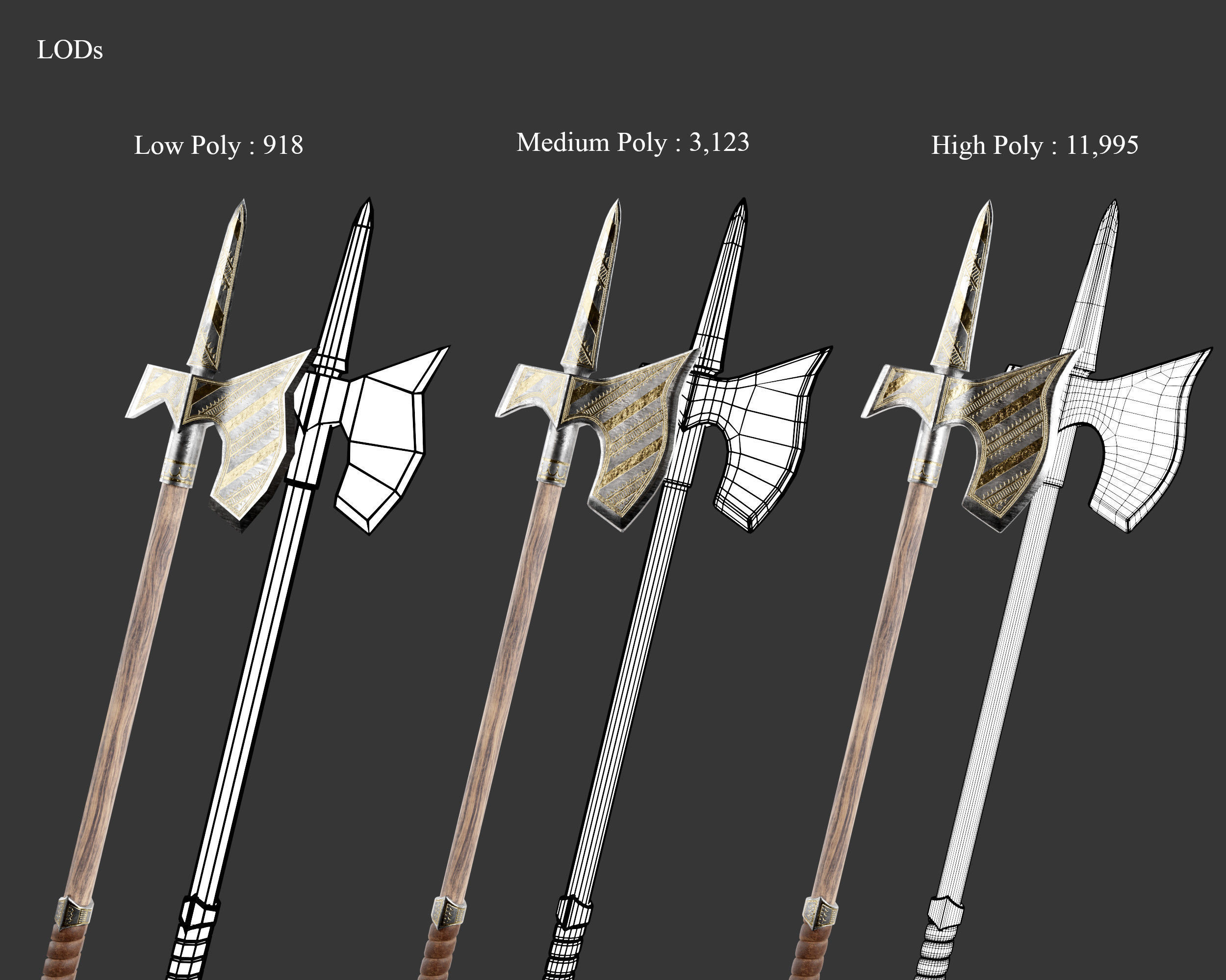 Medieval Noble Weapon Pole Axe Low-poly 3D model_2