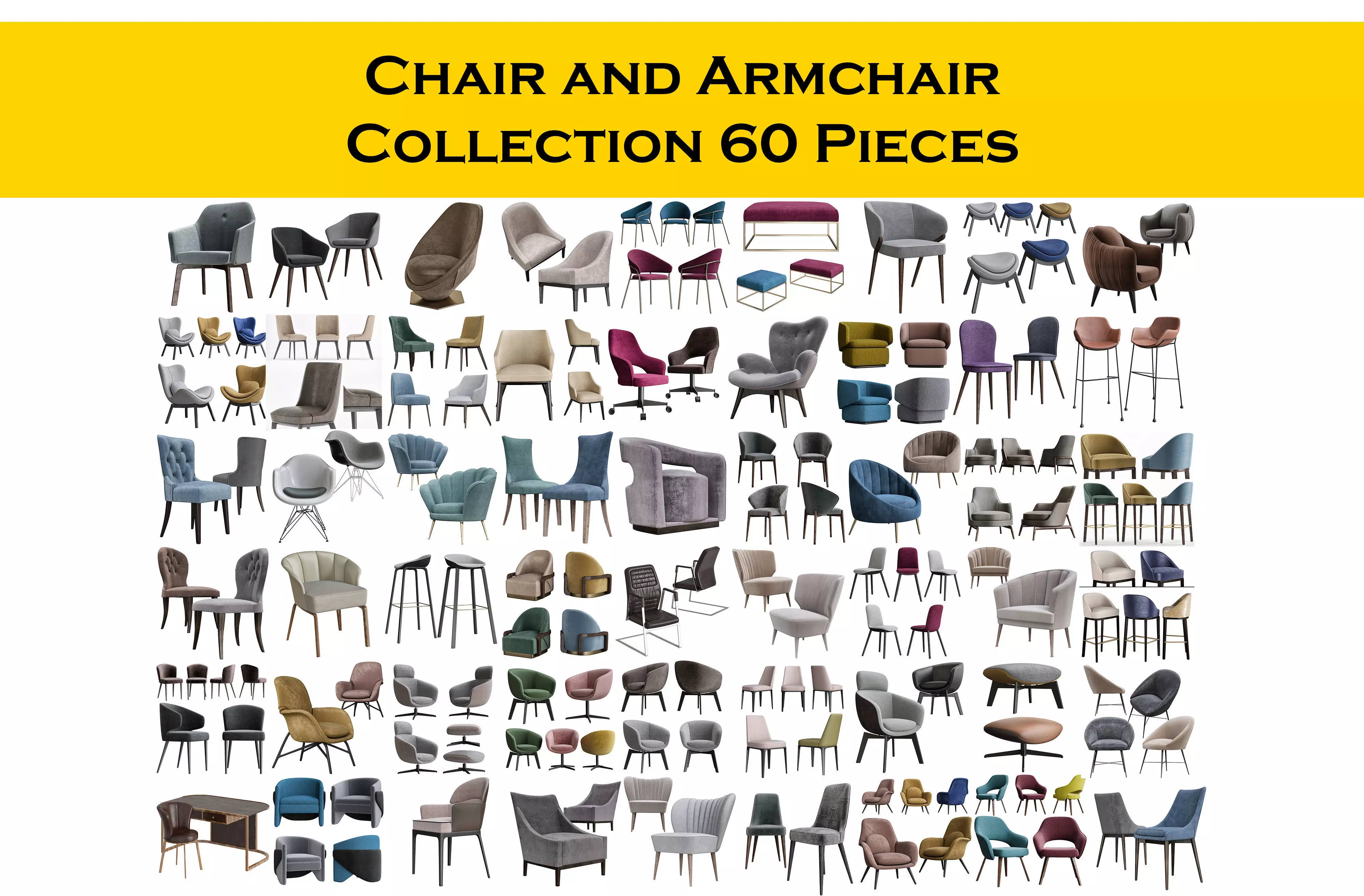Chair and Armchair Collection 60 Pieces 3d model 3D model