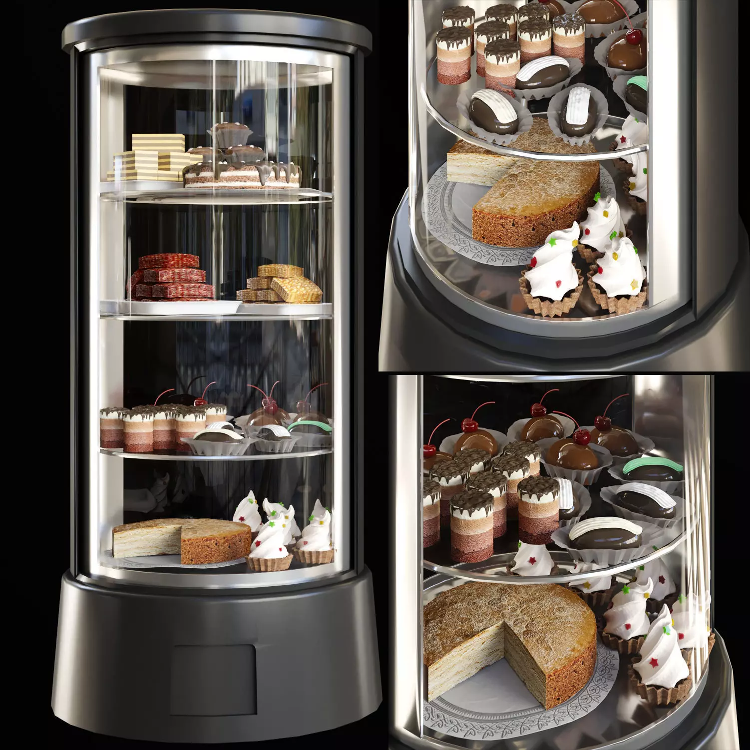 Sweets Set glass display case with food 3D model_0