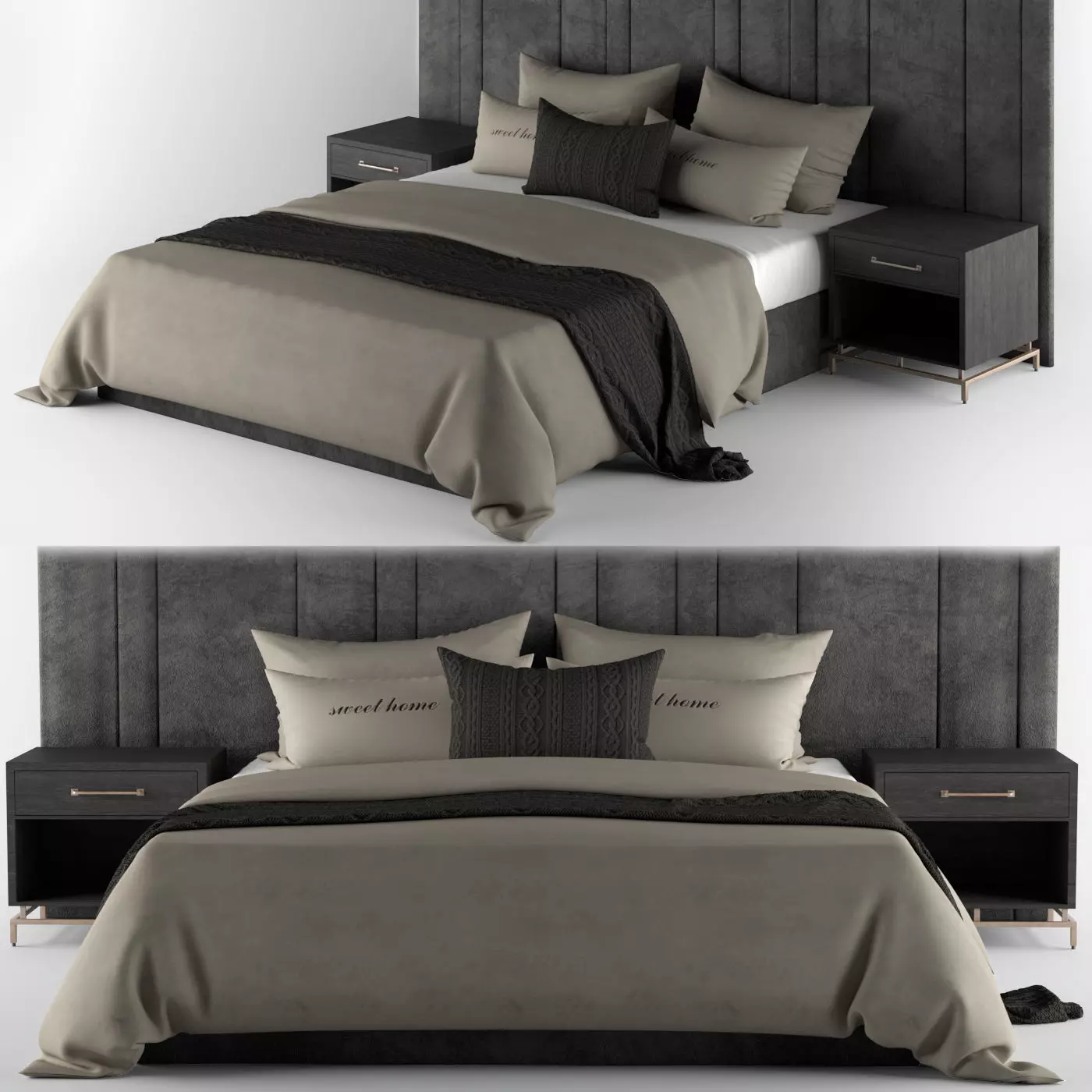 Bed Set Cream and Black 3D model_0