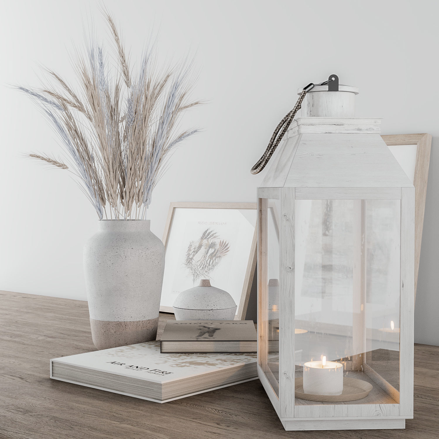 Decorative set Blue Wheat and Lantern 3D model_1