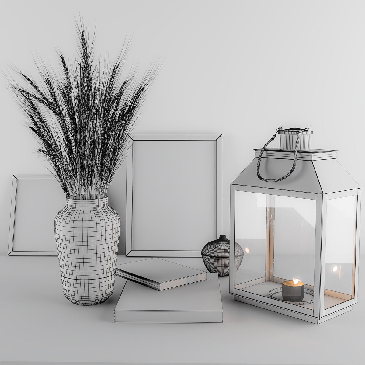 Decorative set Blue Wheat and Lantern 3D model_2