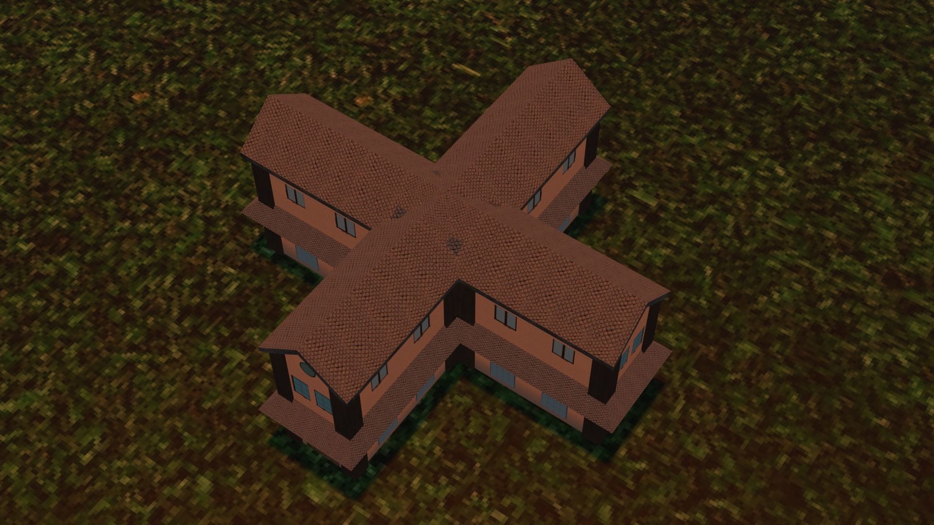 cruciform medieval house Low-poly 3D model_1