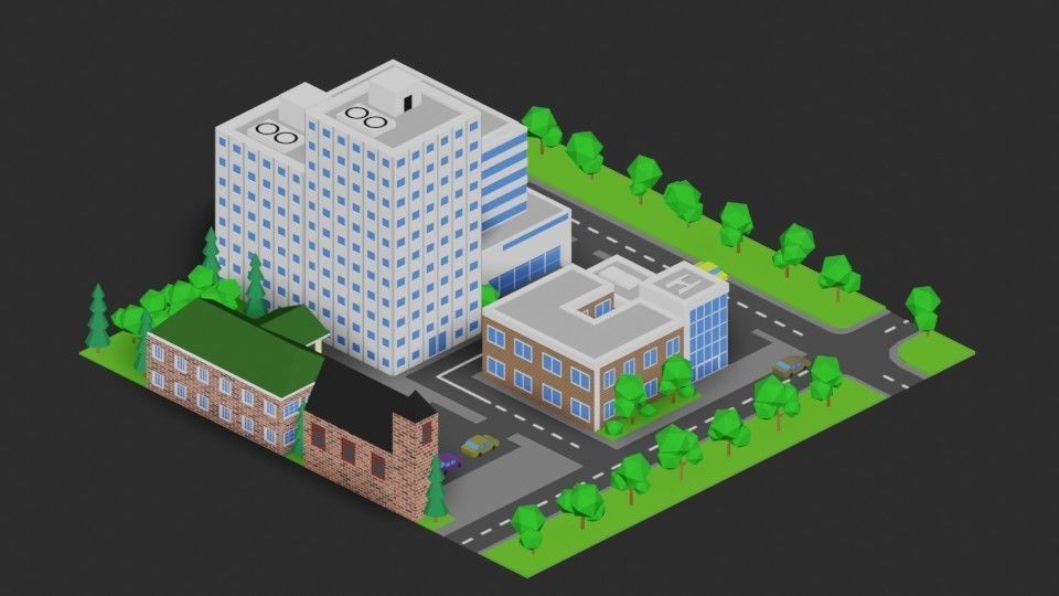 3D Isometric city in Blender Low-poly 3D model_2