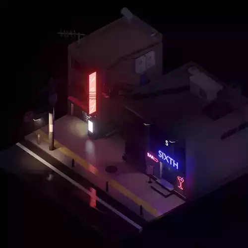 Low Poly Bar Night Exterior Scene