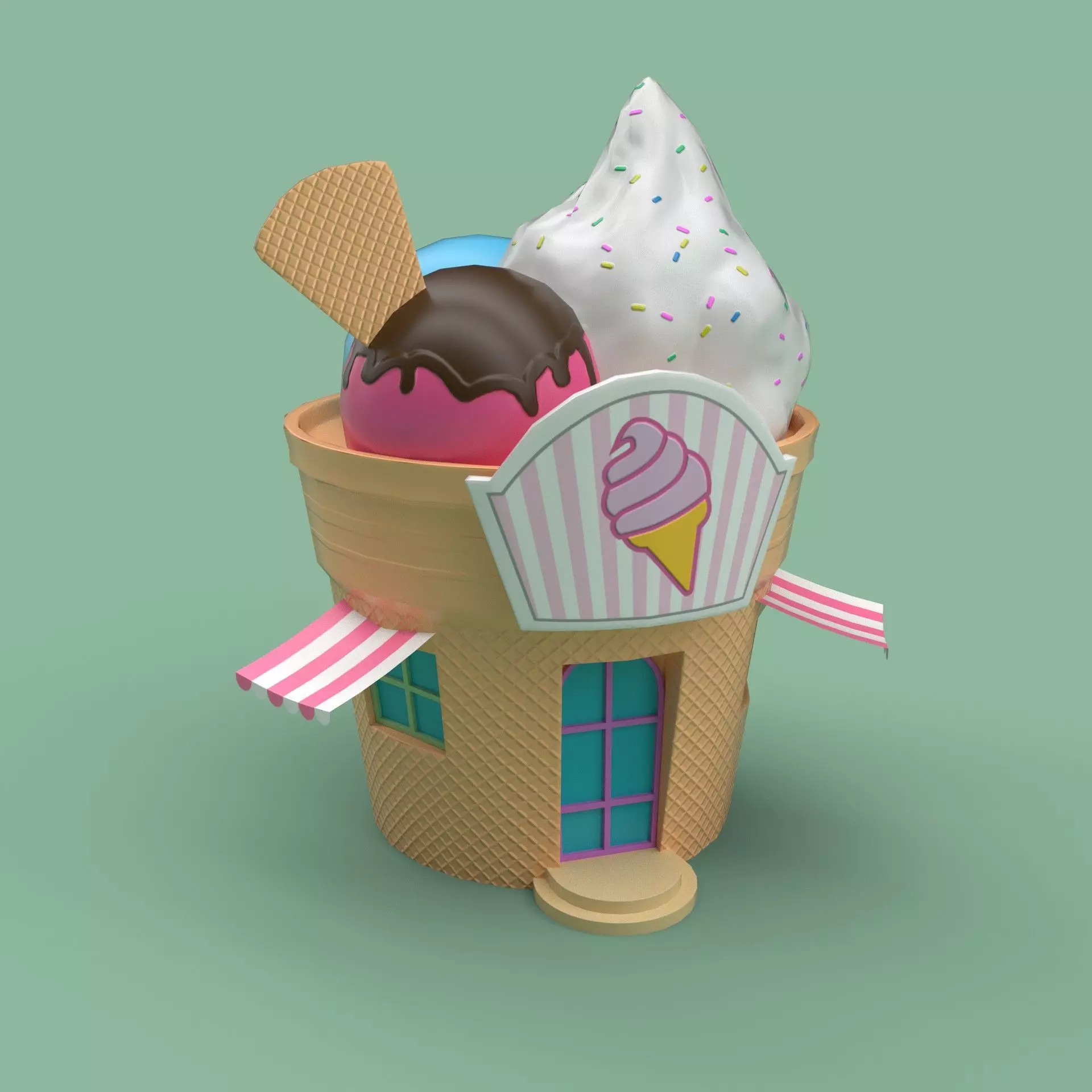 Ice cream building shop Low-poly 3D model_0